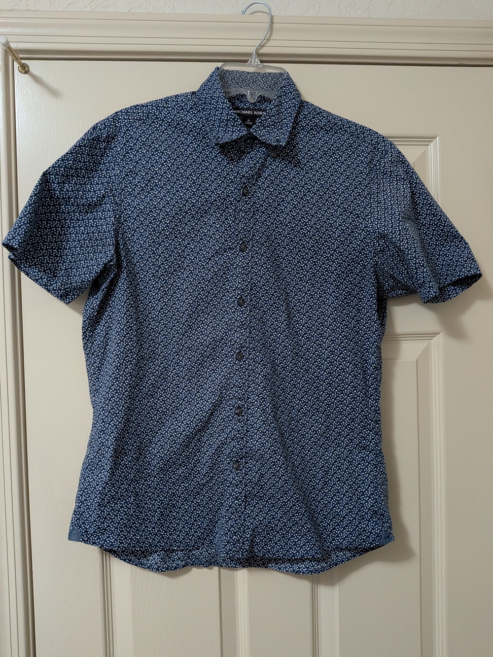 Michael Kors Trim Stretch Men’s Short-Sleeve Navy Printed Button-Up Shirt
